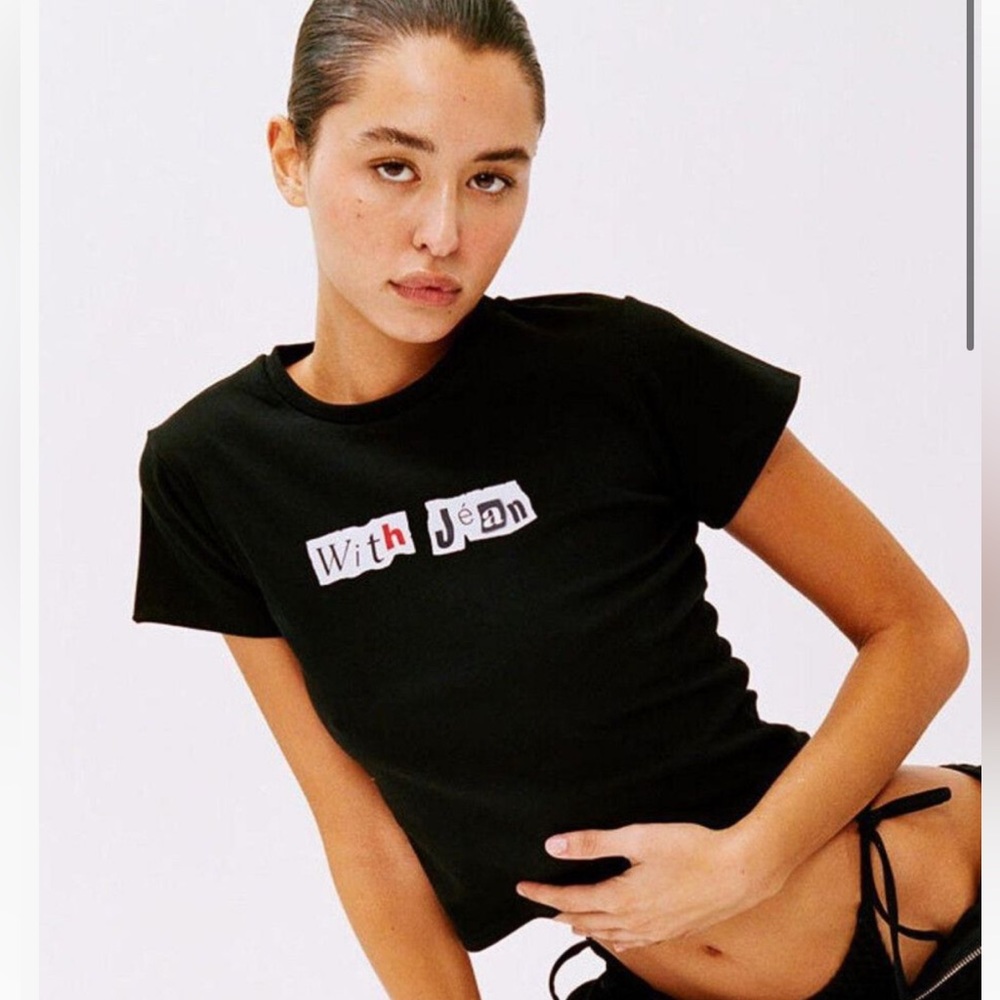 With Jean Black Crop Top with White & Red Logo